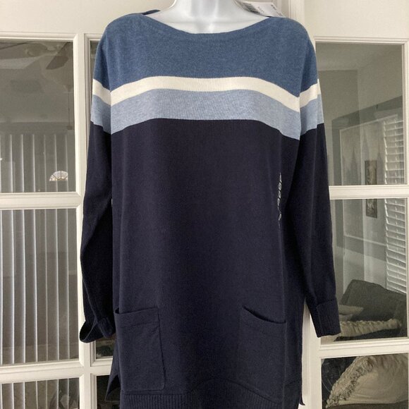 Jeanne Pierre Navy Slate Blue Striped Long Sleeve Pullover Sweater Large New wit - Picture 2 of 10